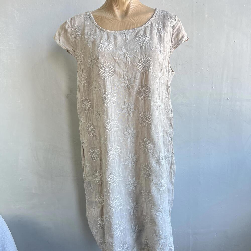 Italian Made Women’s Linen Tunic Top XL Beige Embroidered Boho Sleeveless